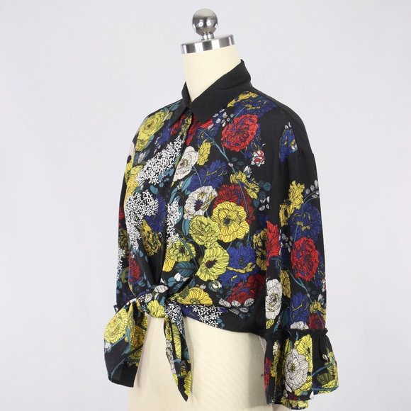 SANDRO Black Floral Print Silk Crepe Button Up Collared Shirt Blouse - Picture 12 of 16